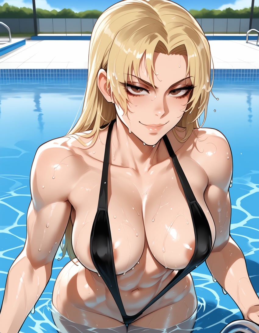 ai_generated areolae athletic_female big_breasts blonde_hair curvy female hedonistix jujutsu_kaisen looking_at_viewer pool poolside self_upload sling_bikini slingshot_swimsuit solo tagme wet_body yuki_tsukumo