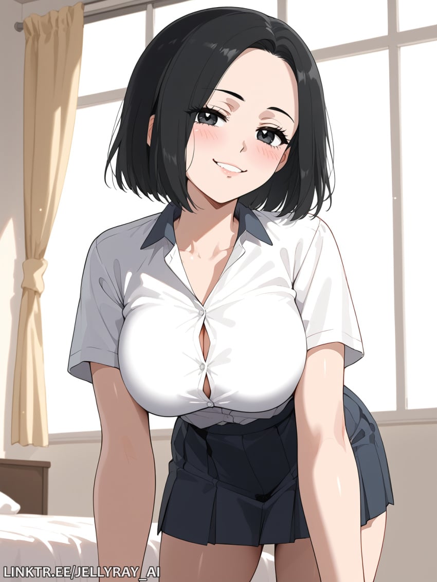 ai_generated all_fours black_eyes black_hair black_skirt blush breasts button_gap cleavage collarbone collared_shirt curtains female forehead grin indoors jellyray_ai kim_gabin large_breasts looking_at_viewer manhwa pleated_skirt school_uniform she's_hopeless shirt short_hair short_sleeves skirt smile solo webtoon white_shirt window