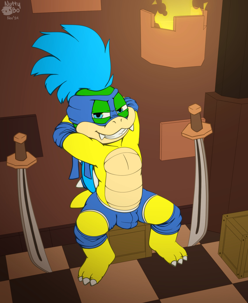 blue_hair boxer_briefs bulge clothed clothing hair hi_res katana koopa koopaling larry_koopa lesg looking_at_viewer male mammal mario_bros mask melee_weapon nintendo nutty_bo presenting scalie smile spikes spreading sword underwear weapon