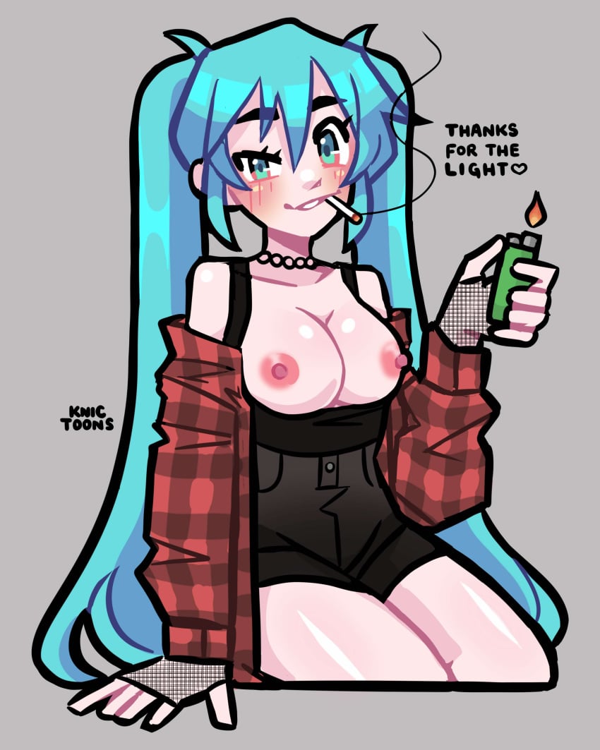 1girls artist_request blue_hair boobs boobs_out cigarette cigarette_in_mouth female_only flannel flannel_shirt hatsune_miku knictoons lighter necklace open_clothes shirt_down source_request tagme thighs vocaloid