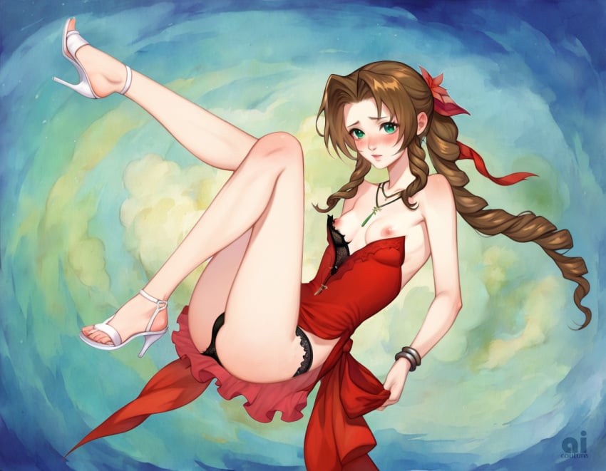 aerith_gainsborough ai_assisted ai_couture ai_generated brown_hair embarrassed female final_fantasy final_fantasy_vii final_fantasy_vii_rebirth final_fantasy_vii_remake green_eyes high_heels legs_up nipples red_dress shy small_breasts undressing