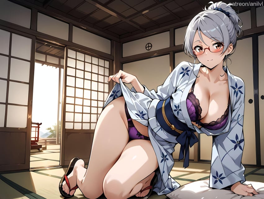 1girls ai_generated anilvl architecture arm_support ayase_seiko bangs blue_sash blush bow bra breasts brown_eyes cleavage closed_mouth clothes_lift collarbone dandadan feet floral_print full_body futon glasses grey_hair grey_kimono hair_bun hair_ornament hair_scrunchie indoors japanese_clothes kimono kimono_lift lace-trimmed_bra large_breasts legs lifted_by_self long_sleeves looking_at_viewer obi open_clothes panties pillow ponytail print_kimono purple_bra purple_panties red-framed_eyewear sandals sash scrunchie semi-rimless_eyewear short_hair shouji single_hair_bun sliding_doors smile solo tatami thighs toenails toes under-rim_eyewear underwear white_kimono wide_sleeves yukata zouri