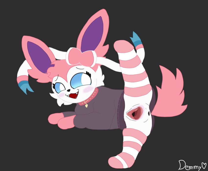 anthro anus big_ears clothing collar demmy eeveelution female footwear generation_6_pokemon genitals hair hi_res looking_back nintendo pink_body pink_hair pink_paws pokemon pokemon_(species) pussy socks solo spread_legs spreading sylveon vaginal_penetration