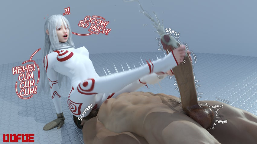 1boy 1girls 3d absurdly_large_cock albino big_penis blindfold blindfolded bodysuit clothed_female_nude_male cum daz_studio deadman_wonderland dialogue english english_text facesitting feet femdom footjob gloves oofoe pale-skinned_female pale_skin red_eyes self_upload shiro_(deadman_wonderland) slender_body small_breasts sound_effects white_hair