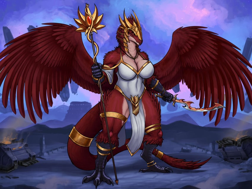 1girls anthro avian big_breasts breasts chaos_(warhammer) chaos_daemon clothing daemon_of_tzeentch fe'ra feathered_wings feathers female female_only headdress hi_res jewelry khopesh lord_of_change melee_weapon robe solo solo_female spacedragon14 staff sword thick_thighs warhammer_(franchise) warhammer_40k weapon wings