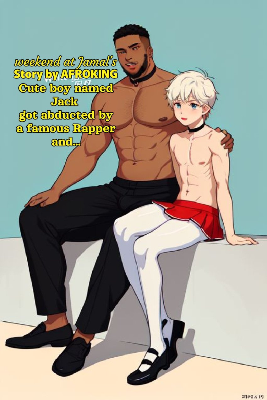 1boy 1femboy 2boys afroking ai_generated anime_style athletic athletic_male black_body blue_eyes caption choker comic comic_page crossdressing crossdressing_male cute cute_male dark-skinned_male dark_skin english_text exposed_breasts exposed_nipples exposed_torso facial_hair femboy feminine_male feminization fit fit_male flat_chest flat_chested gay interracial lipstick makeup male male/male male_only miniskirt muscles muscular muscular_male pantyhose red_lipstick short_hair short_skirt sissy sitting sitting_down text topless topless_male twink white_hair white_pantyhose yaoi