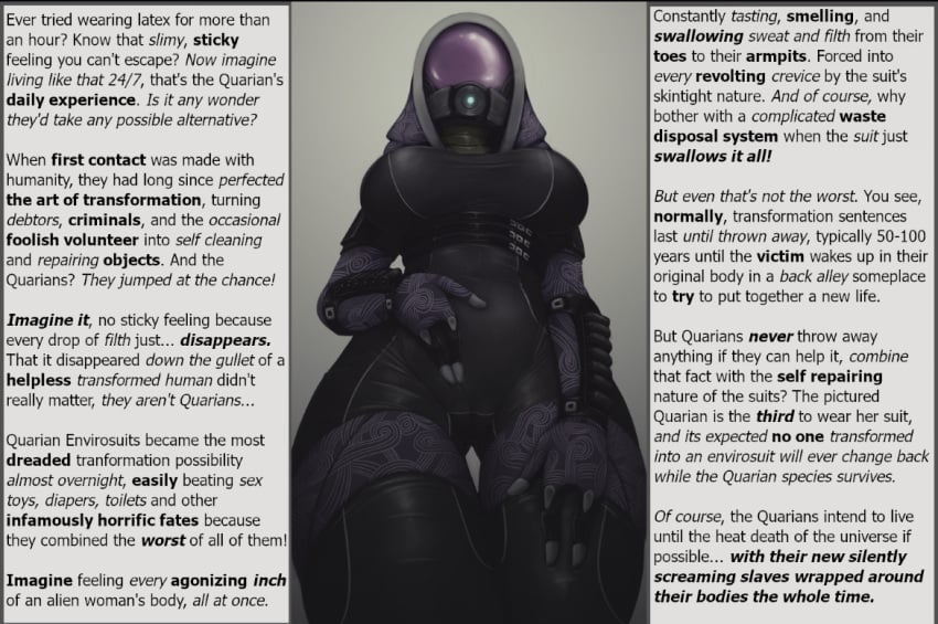 2024 alien alien_girl caption deviantart deviantart_link dukecrowe english english_text femdom grossdom inanimate_transformation mass_effect quarian text transformation wall_of_text