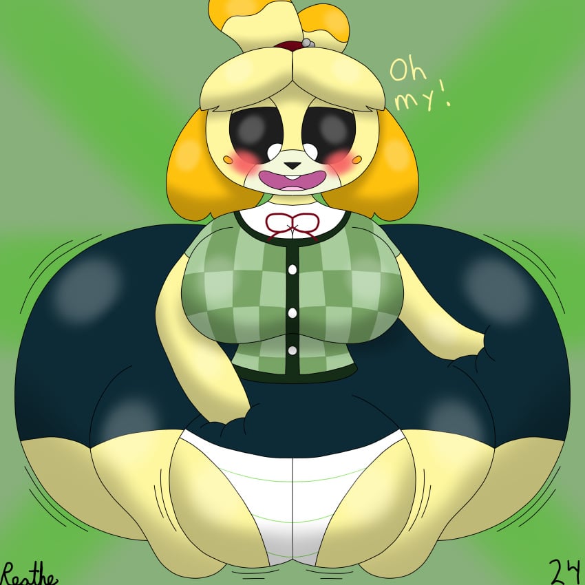 1:1 2024 absurd_res accessory animal_crossing anthro ass bell bell_accessory big_breasts big_butt big_pussy black_nose black_sclera blonde_hair blush bottomwear breasts butt_expansion butt_squish canid canine canis clothing colored dialogue digital_media_(artwork) domestic_dog english_text expansion female front_view genital_expansion genitals green_background green_clothing green_topwear green_vest hair hair_accessory hairband hand_on_butt hand_on_own_butt hand_on_own_pussy hand_on_pussy hi_res huge_breasts huge_butt huge_thighs hyper hyper_butt hyper_genitalia hyper_pussy isabelle_(animal_crossing) looking_down looking_down_at_self mammal motion_lines nintendo open_mouth open_smile panties pattern_bottomwear pattern_clothing pattern_panties pattern_underwear pink_mouth pink_tongue pussy pussy_expansion pussy_squish rapid_expansion reathe red_hairband shaded shih_tzu signature simple_background smile solo squish teeth text thick_thighs tight_clothing tongue topwear toy_dog underwear vest white_clothing white_eyes white_panties white_underwear yellow_body yellow_cheeks yellow_ears