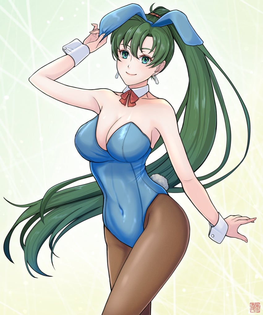 1girls absurdres alternate_hairstyle animal_ears bare_shoulders breasts bunny_ears bunny_girl bunnysuit cleavage fake_animal_ears female female_only fire_emblem fire_emblem:_the_blazing_blade fire_emblem_heroes fully_clothed green_eyes green_hair hand_on_own_chest highres kousetu0506 large_breasts long_hair looking_at_viewer lyn_(fire_emblem) navel necktie nintendo playboy_bunny rabbit_ears revealing_clothes shiny_clothes smile solo standing tight_clothing