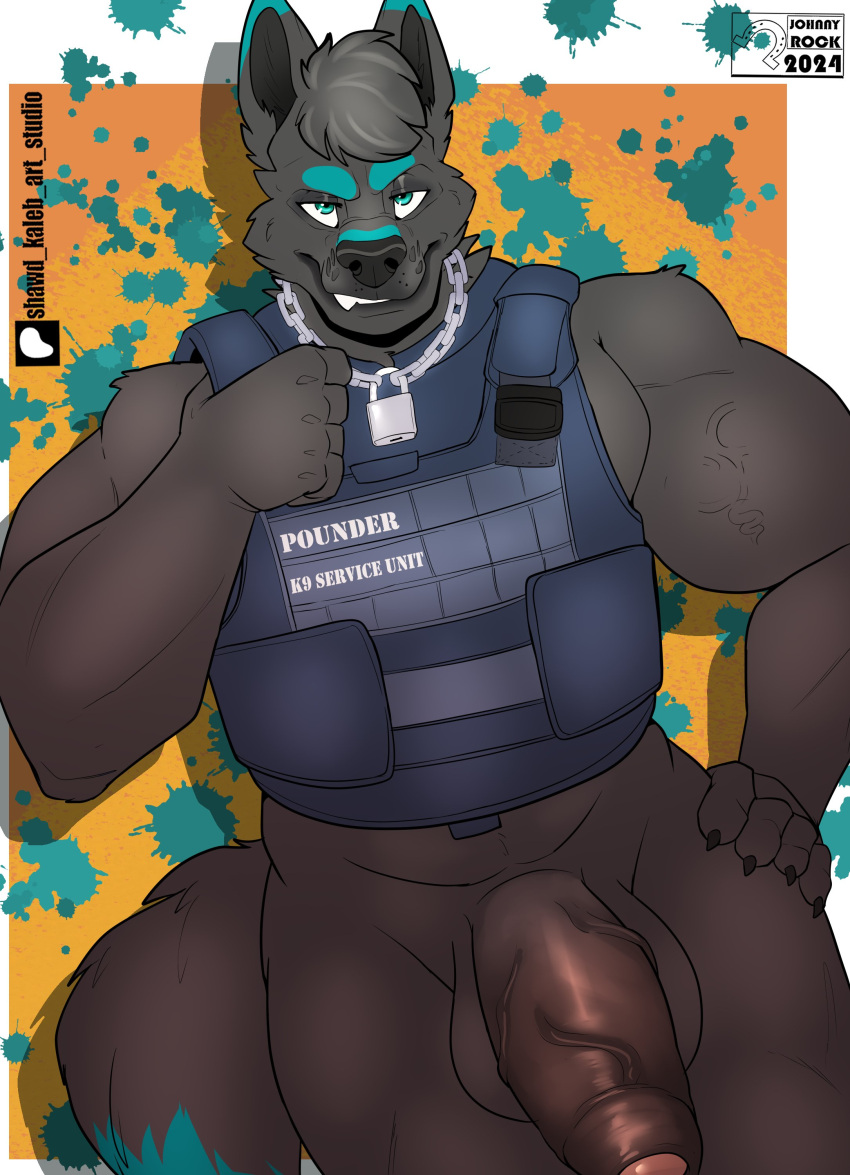 2024 abstract_background absurd_res anthro armor balls body_armor canid canine chain_necklace english_text foreskin genitals hi_res humanoid_genitalia humanoid_penis jewelry looking_at_viewer male mammal muscular necklace penis shawd smile solo text vein veiny_penis