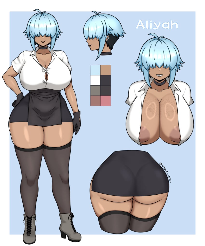 1girls artist_name ass boots character_name character_sheet choker curvy dark-skinned_female dark_skin ear_piercing female huge_breasts light_blue_hair multiple_views navel nude_female oc original_character original_characters pussy short_hair thick_ass thick_hips thick_legs thick_thighs umbra_arts