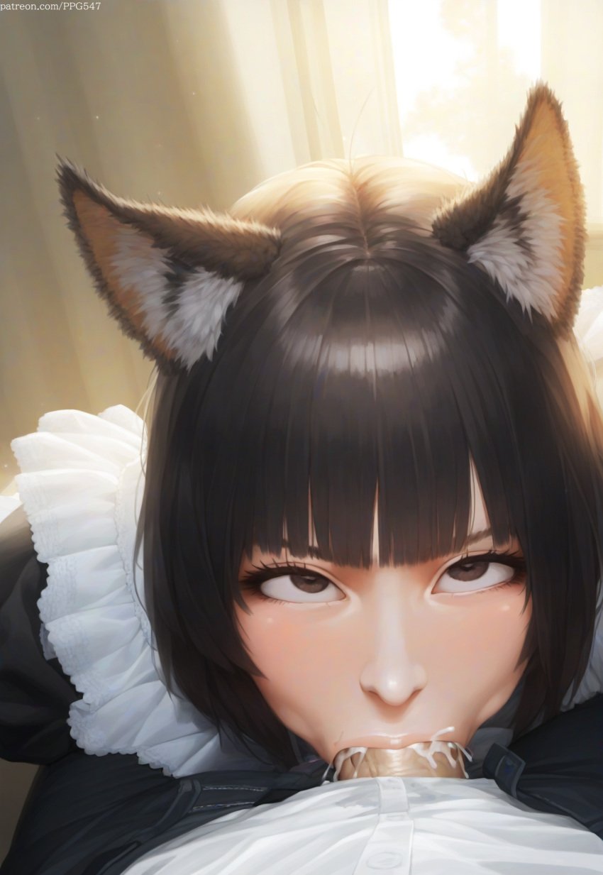 1boy 1girls :>= ai_generated animal_ears bangs big_penis black_eyes black_hair blowjob bob_cut brown_eyes cat_ears cat_girl catgirl clothed clothed_sex clothing cum cum_in_mouth cum_in_throat cum_inside cum_overflow cute deepthroat eye_contact fat_cock fellatio female fringe indoors indoors_sex looking_at_viewer maid maid_uniform medium_hair nai_diffusion oral oral_sex original original_character pale-skinned_female penis petite petplay pov pov_eye_contact pujopg roleplay shoulder_length_hair sidelocks slim smirk smirking smirking_at_viewer teenager throat_fuck throatpie