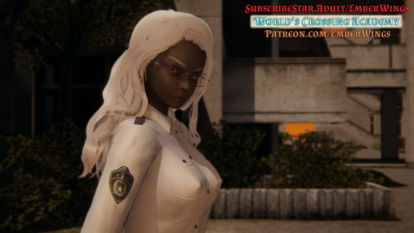 ai_shoujo dark_elf dark_skin druthari_(wca) female female_only frown glasses medium_hair nipple_bulge pokies promotional_art red_eyes security_guard team_emberwings wca white_hair worlds_crossing_academy