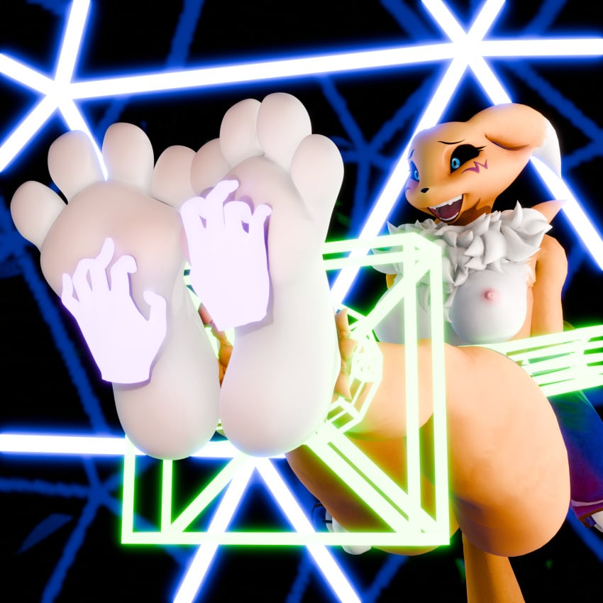 3d_(artwork) 4_toes anthro bandai_namco black_sclera blush body_blush bondage bound breasts canid canine digimon digimon_(species) digital_media_(artwork) disembodied_hand ears_down energy_bindings feet female foot_blush foot_focus fox hi_res hindpaw mammal neck_tuft nipples nude paws pivoted_ears renamon soles solo thick_thighs tickle_torture tickling tickling_feet toes tuft twintails3d