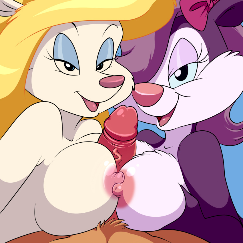 2017 animaniacs anthro areola big_breasts breasts double_paizuri duo_focus erection faceless_male female fifi_la_fume foreskin group group_sex half-closed_eyes hi_res lonbluewolf looking_at_viewer male mammal minerva_mink mink mustelid nipples open_mouth paizuri penis pov retracted_foreskin sex skunk straight threesome tiny_toon_adventures tongue uncut veiny_penis warner_brothers