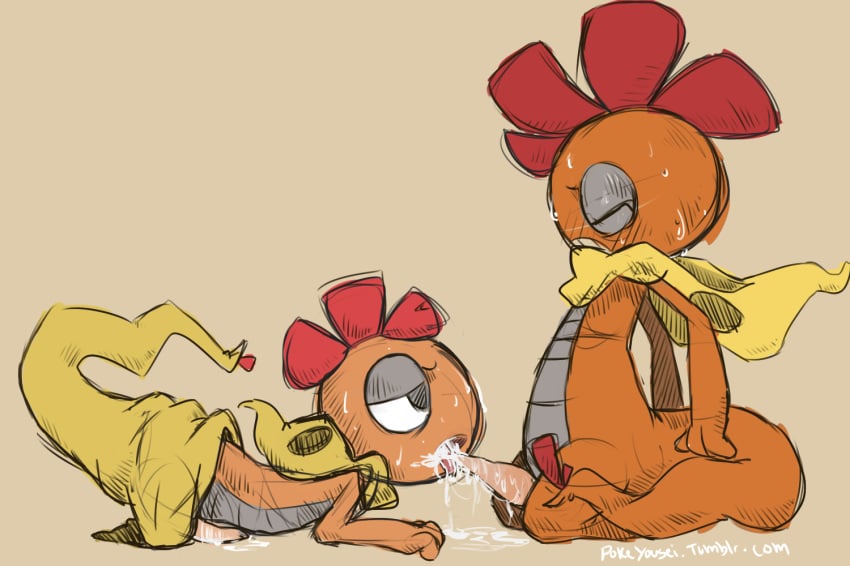 anthro chibi-depraved cum cum_in_mouth cum_inside cum_on_face cum_on_ground cum_on_penis duo erection male nintendo oral penis pokemon scalie scrafty simple_background sweat video_games yaoi