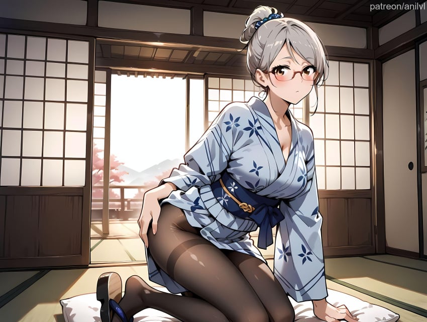 1girls ai_generated anilvl arm_support ayase_seiko bangs black_pantyhose blue_kimono blue_scrunchie blush breasts brown_eyes brown_pantyhose cleavage closed_mouth clothes_lift collarbone dandadan day floral_print futon glasses grey_hair hair_bun hair_ornament hand_on_own_ass indoors japanese_clothes kimono kneeling large_breasts long_sleeves looking_at_viewer medium_breasts obi over-rim_eyewear pantyhose pillow print_kimono red-framed_eyewear sandals sash scrunchie semi-rimless_eyewear shouji single_hair_bun sliding_doors solo tatami thighband_pantyhose wide_sleeves window yukata zouri