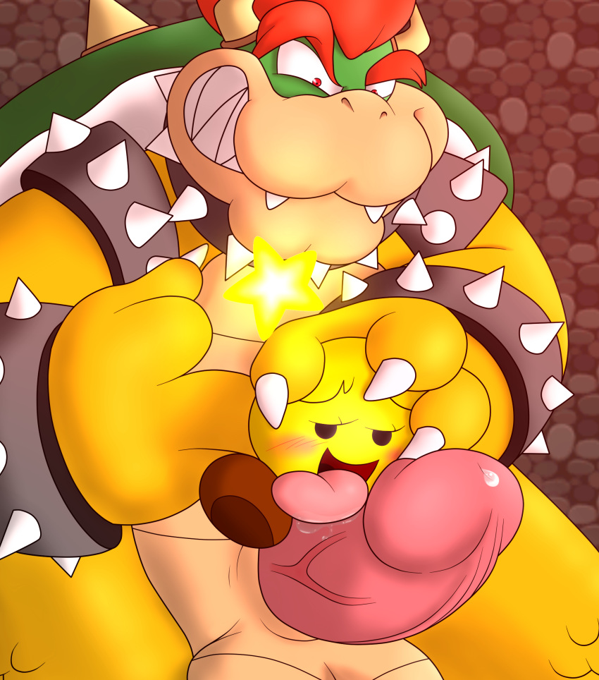 1boy 1girls ambiguous_penetration anthro arousal balls bedroom_eyes big_penis bimbo blush blushing bowser claws cock_hungry cock_worship disembodied_head enjoying erection fellatio female fingering grin hi_res horn huge_cock huge_penis koopa licking licking_penis male mario_(series) mario_and_luigi_(series) nintendo open_mouth oral penetration penis praiz precum saliva scalie sex sloppy smile star starlow straight tongue tongue_out vein veiny_penis video_games waddling_head