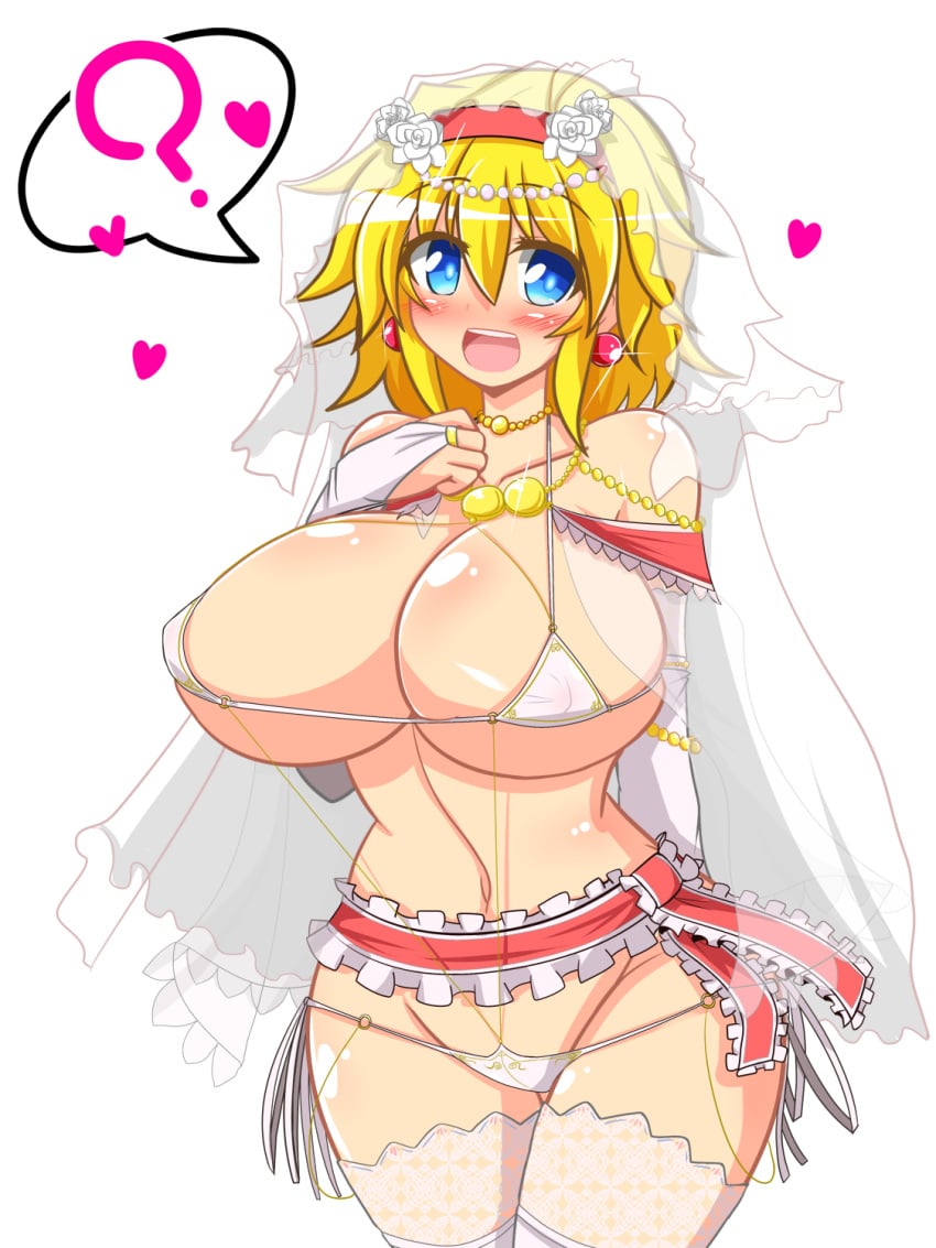 1girl alice_margatroid blonde_hair breasts bridal_gauntlets hearts hearts_around_body huge_breasts light_skin micro_bikini question_mark rindou_(p41neko) solo tagme touhou wedding_lingerie wedding_veil