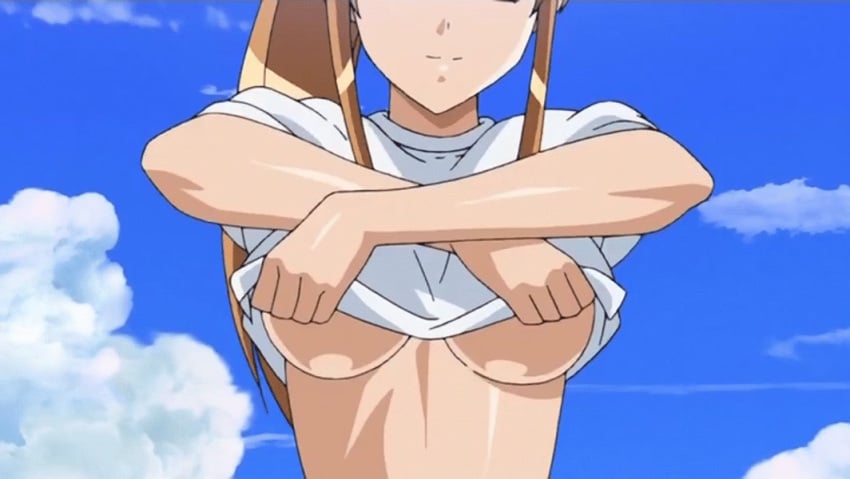 15_bishoujo_hyouryuuki animated areola areolae asou_saori bouncing_breasts breasts brown_hair female long_hair medium_breasts nipples pointy_chin ponytail screencap shirt shirt_lift sky solo undressing upper_body