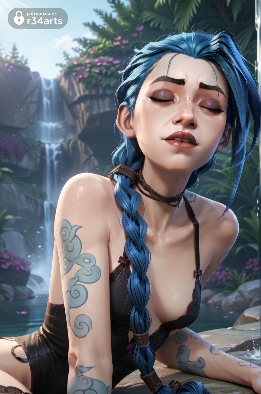 1girls ai_generated arcane arm_tattoo artist_name bare_shoulders black_choker black_one-piece_swimsuit blue_hair blurry blurry_background braid breasts choker closed_eyes collarbone day hi_res jinx_(league_of_legends) league_of_legends long_hair netflix one-piece_swimsuit outdoors r34arts riot_games small_breasts solo tattoo teeth thighhighs twin_braids water waterfall