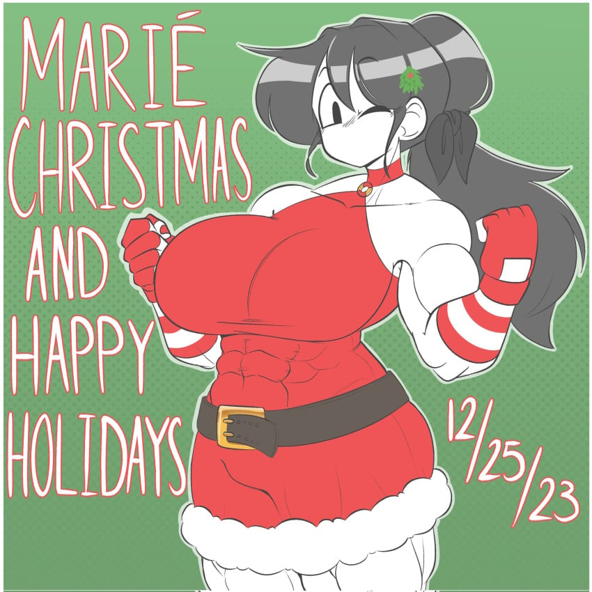 2023 abs big_breasts black_eyes black_hair breast_outline christmas christmas_clothing christmas_outfit female female_focus female_only marie_(tag-a-long) mime mime_girl mouthless mouthless_female muscular muscular_arms muscular_female muscular_thighs red_clothing tag-a-long white_body white_skin wink