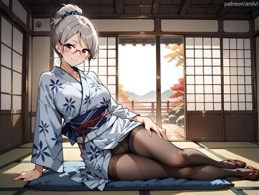 1girls ai_generated anilvl architecture arm_support ayase_seiko bangs black_pantyhose blue_kimono blue_scrunchie blush breasts brown_eyes brown_pantyhose closed_mouth collarbone crotch_seam cushion dandadan east_asian_architecture feet floral_print full_body glasses grey_hair hair_bun hair_ornament hair_scrunchie hand_on_own_thigh indoors japanese_clothes kimono large_breasts leaning_to_the_side legs long_sleeves looking_at_viewer lying obi on_floor on_side over-rim_eyewear panties panties_under_pantyhose pantyhose pillow print_kimono red-framed_eyewear sandals sash scrunchie semi-rimless_eyewear shouji single_hair_bun sitting sliding_doors smile solo tabi tatami thighband_pantyhose thighs tree underwear white_kimono wide_sleeves yokozuwari yukata zouri