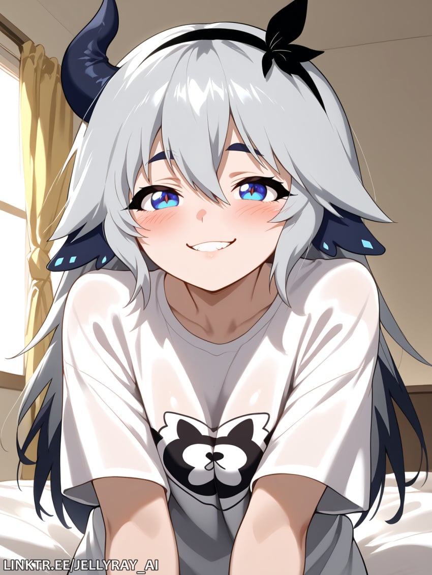 ai_generated bangs black_hairband blue_eyes blush breasts collarbone curtains echidna_(player_who_returned_10000_years_later) female grey_hair grin hair_between_eyes hairband horns indoors jellyray_ai long_hair looking_at_viewer player_who_returned_10000_years_later shirt short_sleeves smile solo t-shirt teeth upper_body virtual_youtuber webtoon white_shirt window