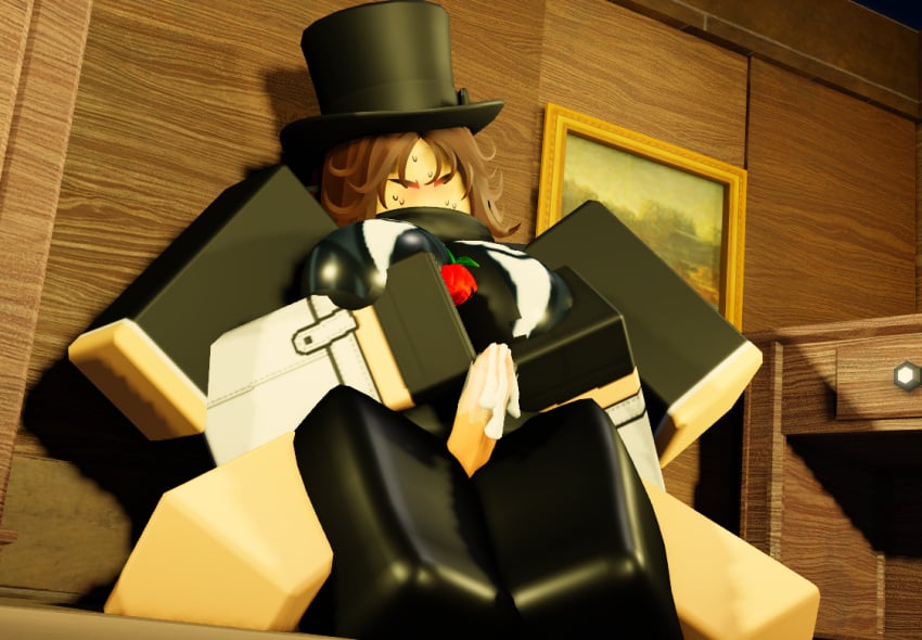 1boy 1girls 3d bottomless_male breasts brown_hair clothed clothed_female cum_on_body draaze female penis roblox robloxian rule_63 self_upload tagme thigh_sex thighs tophat