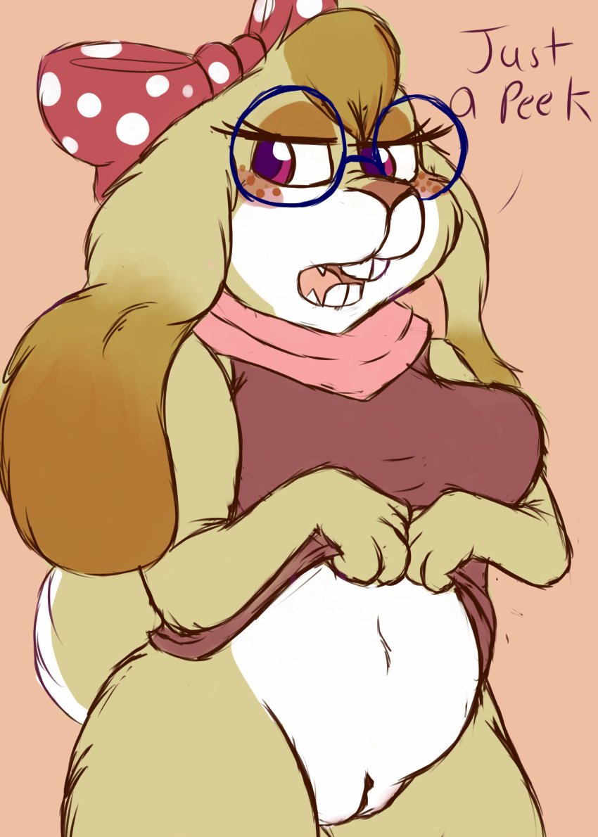 blush bottomless bow clothed clothing eyewear female freckles glasses lagomorph mammal partially_clothed pussy rabbit rachelle rachellebun slightly_chubby solo