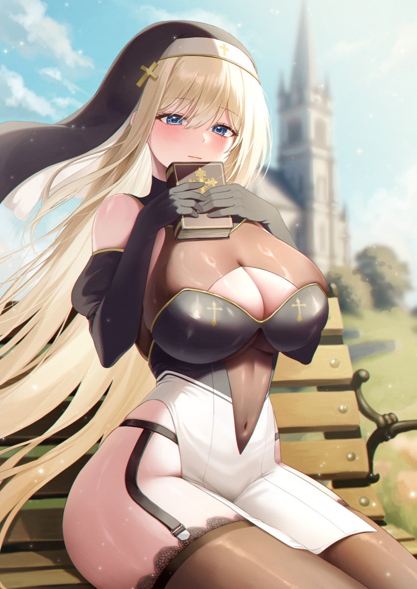 absurd_res bare_shoulders bench blonde_hair blue_eyes blush book breasts cleavage day female_only gloves habit highres large_breasts nun original outdoors pelvic_curtain shant_07 sitting solo thighhighs veil