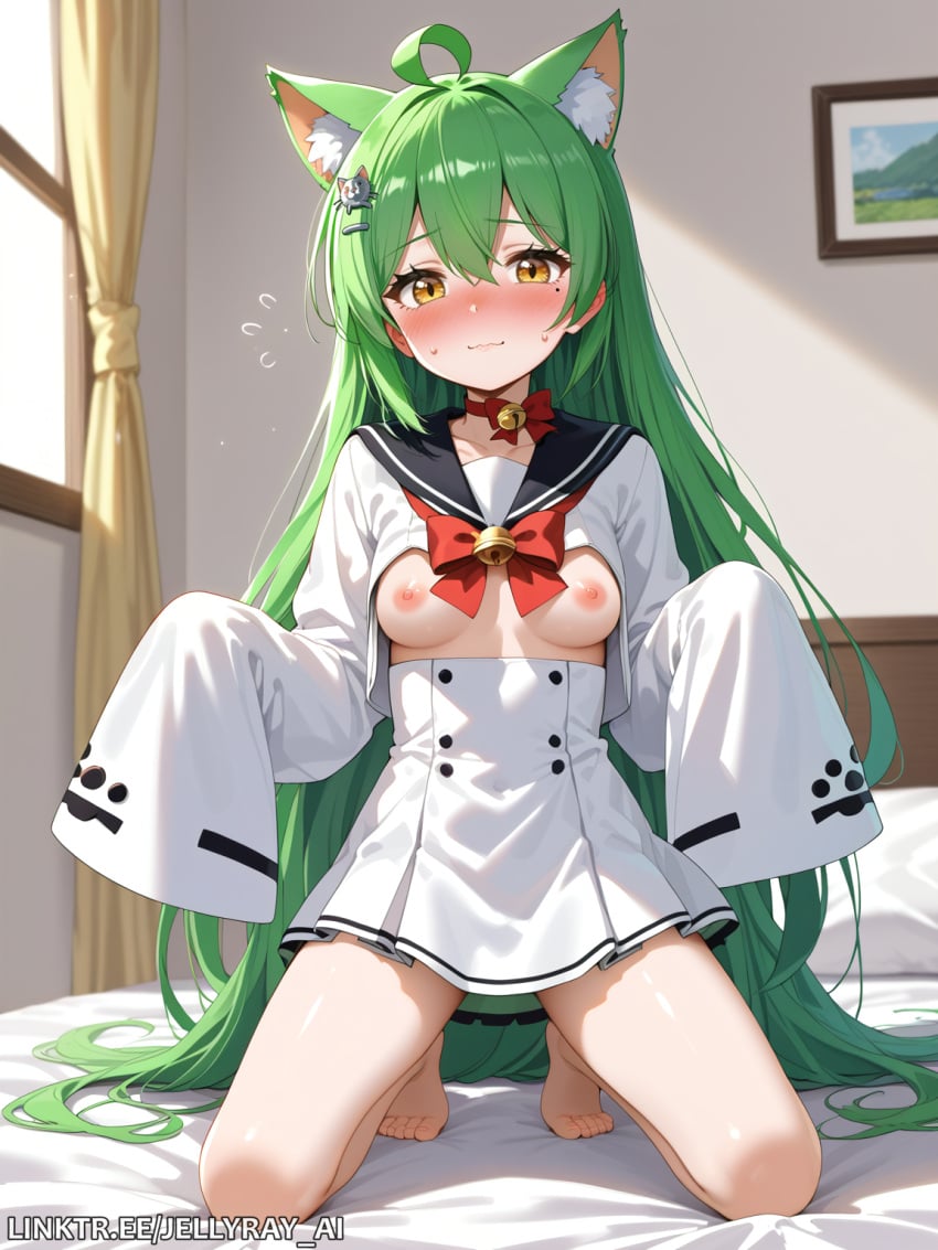 :3 ahoge ai_generated akashi_(azur_lane) animal_ear_fluff animal_ears azur_lane bangs barefoot bed bed_sheet bell blush bow bowtie breasts breasts_out cat_ears choker closed_mouth curtains dress female flying_sweatdrops full_body green_hair hair_between_eyes hair_ornament high-waist_skirt indoors jellyray_ai jingle_bell kneeling long_hair long_sleeves looking_at_viewer mole mole_under_eye neck_bell nipples on_bed red_bow red_choker sailor_collar sailor_dress sleeves_past_fingers sleeves_past_wrists small_breasts solo toes very_long_hair white_dress window yellow_eyes