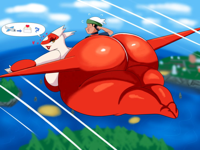 1boy 1girls ass big_ass blush brendan_(pokemon) female flying huge_ass latias light_skin mackdazzle male nintendo pokemon pokemon_rse short_hair tagme