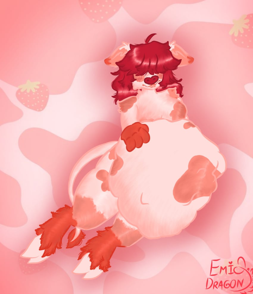 anthro big_belly big_breasts commission commission_art cow_ears cow_girl cow_nose cow_tail emiliadragon female fluffy fur furry futanari hooved_toes hooves huge_belly hyper_belly multicolored_body multicolored_fur multicolored_hair pink_body pink_fur pink_hair predator predator/prey rubbing_belly struggling_prey tail vore vore_belly vore_warning ych ych_(character) ych_commission ych_result