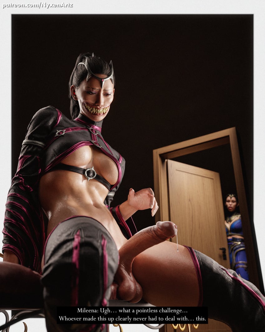 3d boob_window caption caught erection flashing futanari kitana kitana_(new_era) mileena mileena_(new_era) mortal_kombat mortal_kombat:_deception mortal_kombat_1_(2023) no_nut_november nyxenartz penis penis_awe precum self_upload watching