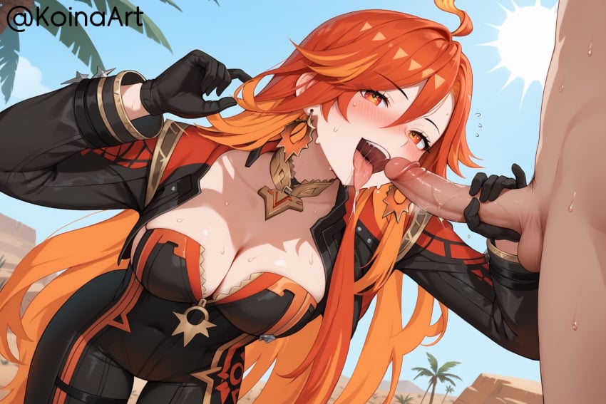 1boy 1girls ai_generated blowjob blush bodysuit cleavage dark-skinned_male female flustered fringe genshin_impact handjob happy koinaart long_hair mavuika_(genshin_impact) oral orange_eyes orange_hair pale-skinned_female penis petite red_eyes red_hair saliva saliva_string seductive_mouth slim stable_diffusion throat tongue_out