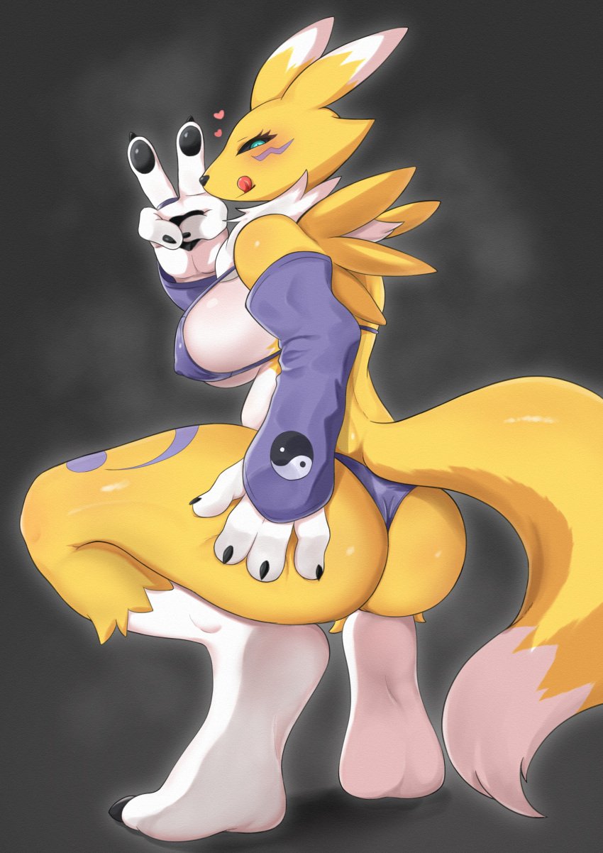 absurd_res anthro ass bandai_namco big_breasts bikini black_sclera blush breasts canid canine clothing digimon digimon_(species) female fur hi_res looking_at_viewer mammal mokek0001 renamon simple_background smile solo swimwear tail tongue two-piece_swimsuit white_body white_fur yellow_body yellow_fur