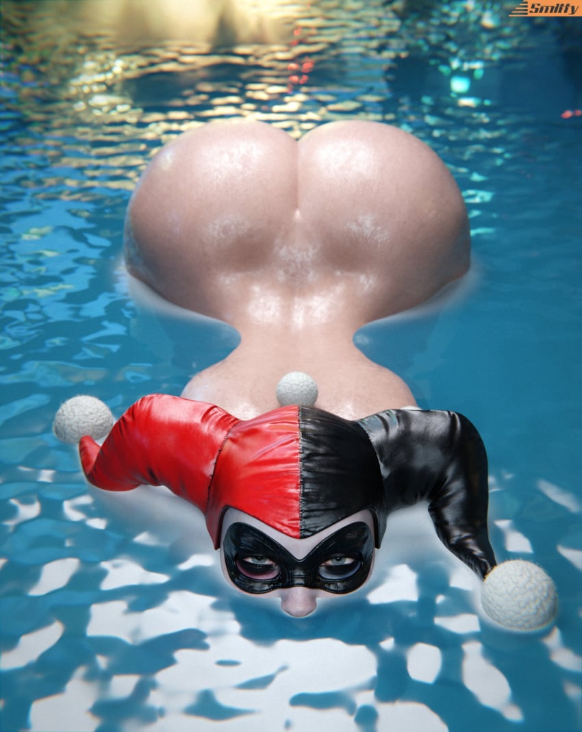 1girls 3d ass back_view batman_(series) big_ass blue_eyes dc dc_comics eyes fat_ass female female_focus female_only harley_quinn harley_quinn_(arkham) harley_quinn_(injustice) implied_nudity in_water large_ass light-skinned_female light_skin looking_at_viewer pool smitty34 solo solo_female