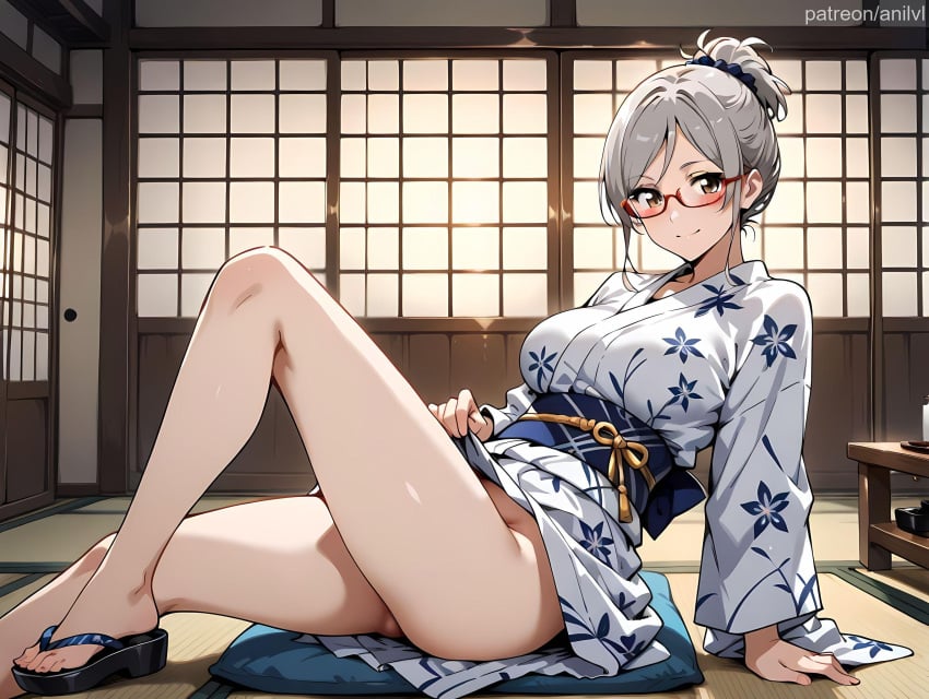 1girls ai_generated anilvl arm_support ayase_seiko bangs bare_legs black_footwear blue_sash blush breasts brown_eyes choko_(cup) closed_mouth clothes_lift cup cushion dandadan feet floral_print foot_out_of_frame glasses grey_hair hair_bun hair_ornament hair_scrunchie indoors japanese_clothes kimono kimono_lift knee_up large_breasts leaning_back legs lifted_by_self long_sleeves looking_at_viewer no_panties obi parted_bangs pillow print_kimono red-framed_eyewear sandals sash scrunchie semi-rimless_eyewear short_hair shouji sidelocks sitting sliding_doors smile solo table tatami thighs toenails toes under-rim_eyewear white_kimono wide_sleeves yukata zouri