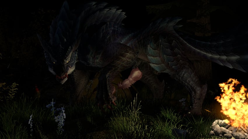 16:9 campfire camping camping_tent capcom fanged_wyvern feral fire genitals hi_res invalid_tag knot knotted_penis lunagaron male monster monster_hunter ninetailwolf penis snarling solo teeth widescreen