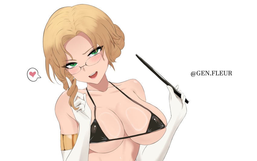 1girls armwear big_breasts bikini_top black_bikini_top blonde_hair blush breasts cleavage elbow_gloves eyewear female female_only genfleur0108 glasses gloves glynda_goodwitch green_eyes hair heart holding_object huge_breasts lips mature mature_female mature_woman milf rwby smile solo solo_female speech_bubble spoken_heart teacher topwear upper_body white_gloves