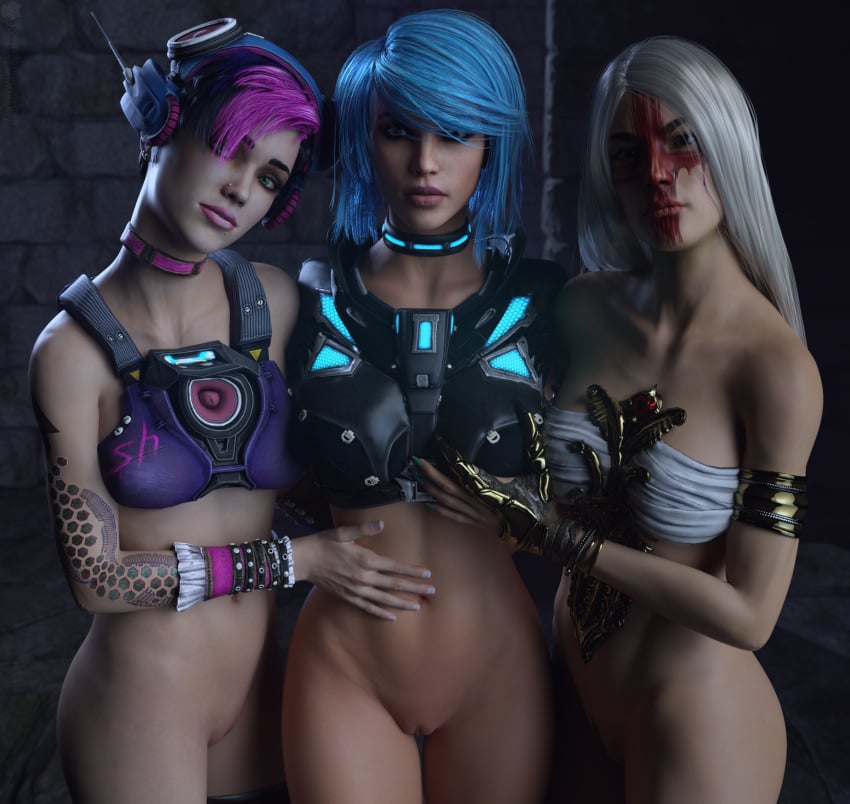 3d 3girls blue_hair bottomless bottomless_female female female_only galena_(quake_champions) human looking_at_viewer missally no_panties nyx_(quake_champions) pussy quake quake_champions slash_(quake) vagina video_games yuri