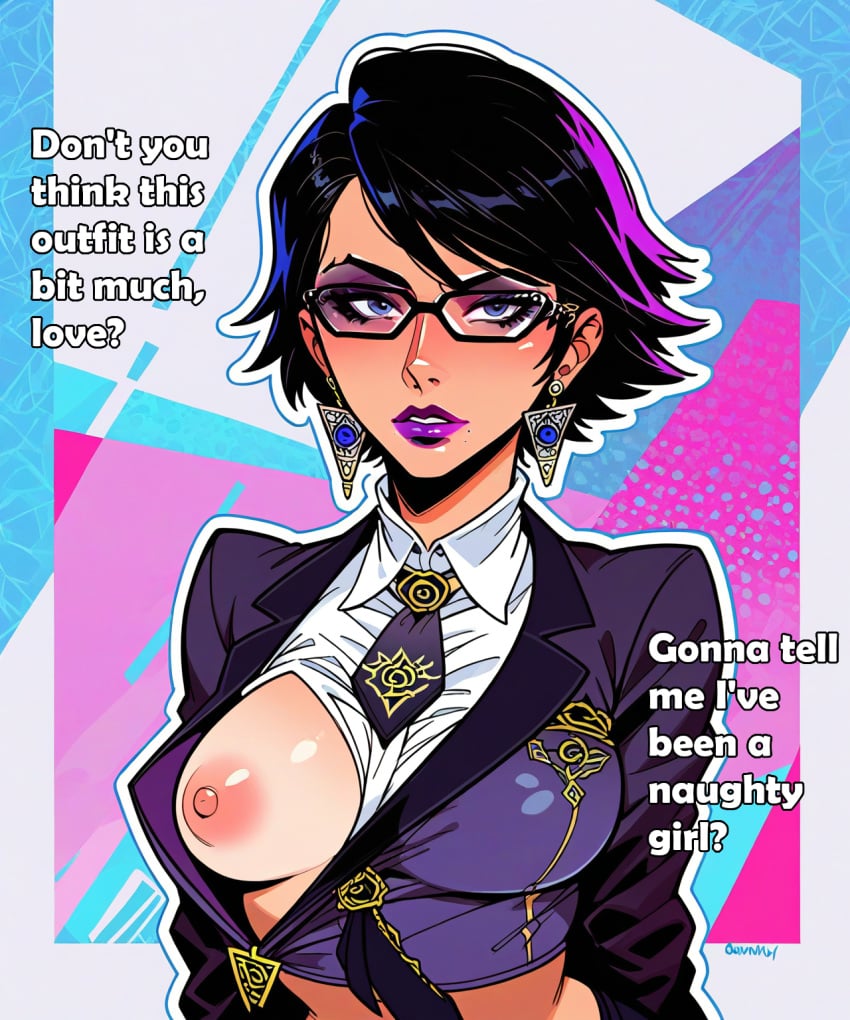 1girls abstract_background ai_art ai_generated alternate_costume bayonetta bayonetta_(character) breasts caption dialogue english_text exposed_breasts glasses lipstick nipples one_breast_out purple_lipstick saucy_trove school_uniform solo stable_diffusion tagme text