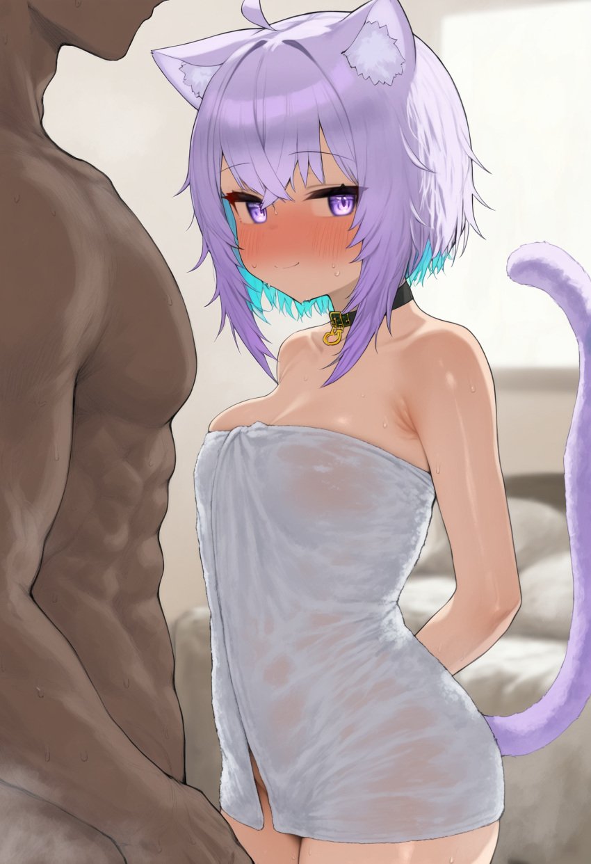 1boy 1boy1girl 1girls ai_generated animal_ears arms_behind_back bedroom blush cat_ears cat_tail collar curvy dark-skinned_male faceless_male hololive hololive_japan inner_ear_fluff interracial looking_at_viewer muscular_male naked_towel nekomata_okayu purple_eyes purple_hair shiny_skin short_hair sideways_glance size_difference smile sweat sweatdrop virtual_youtuber