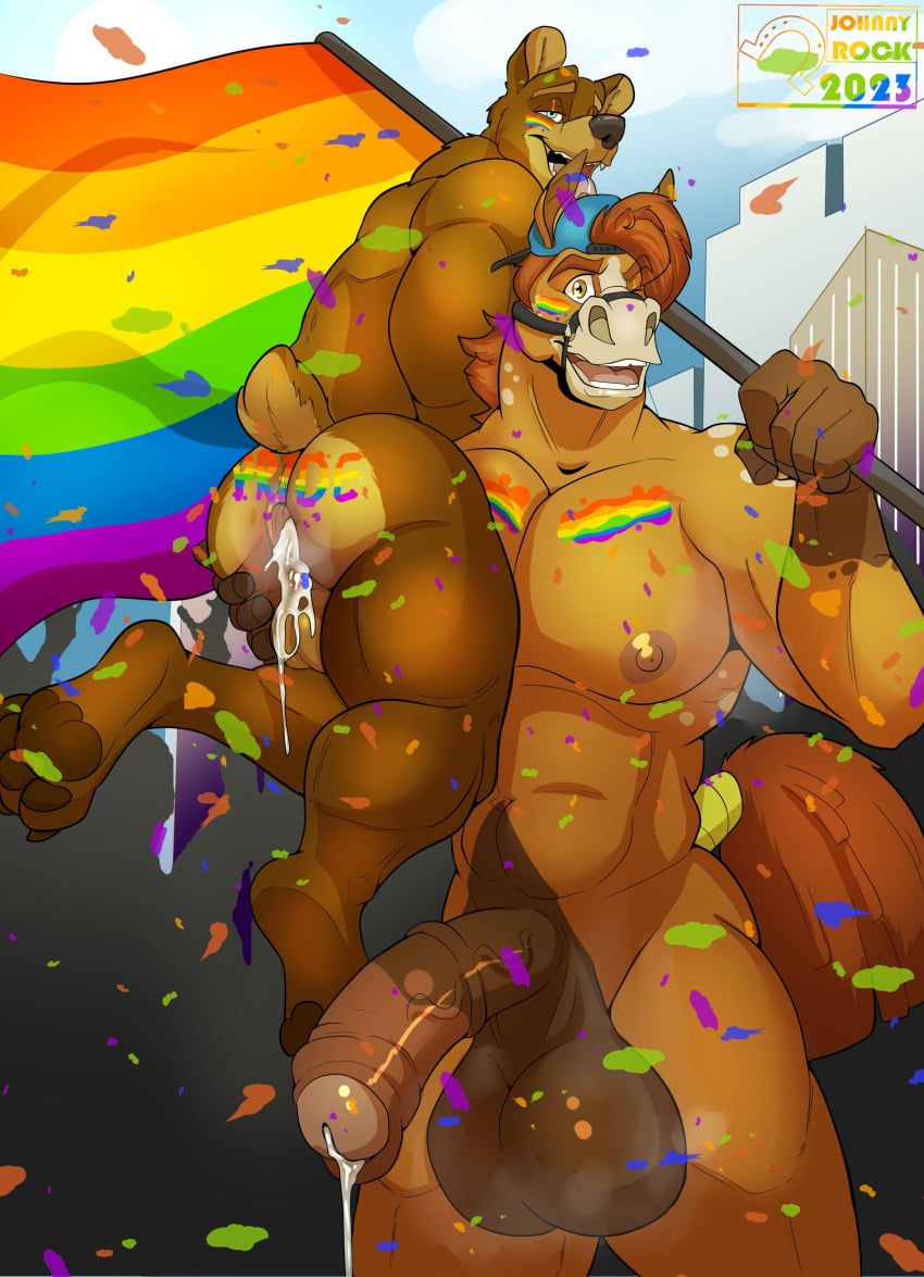 absurd_res anthro anus ass balls bear bodily_fluids cum cum_in_ass cum_inside duo equid equine gaping gaping_anus genital_fluids genitals hi_res holding_partner horse leaking_cum lgbt_pride looking_at_viewer looking_pleasured male male/male mammal muscular open_mouth open_smile penis pride_color_flag pride_colors rainbow_flag rainbow_pride_colors rainbow_pride_flag rainbow_symbol shawd smile standing tongue tongue_out