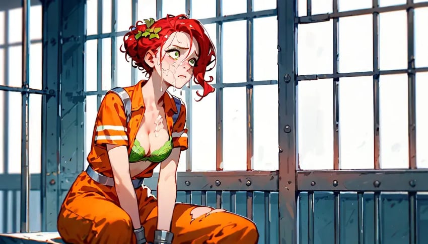 ai_generated batman_(series) cum_stain cum_stains embarrassed_female exasperated green_bra hair_tied_up hair_up jail jail_cell mahamoan poison_ivy prison_cell prison_uniform shocked sitting_on_bench tired torn_clothes