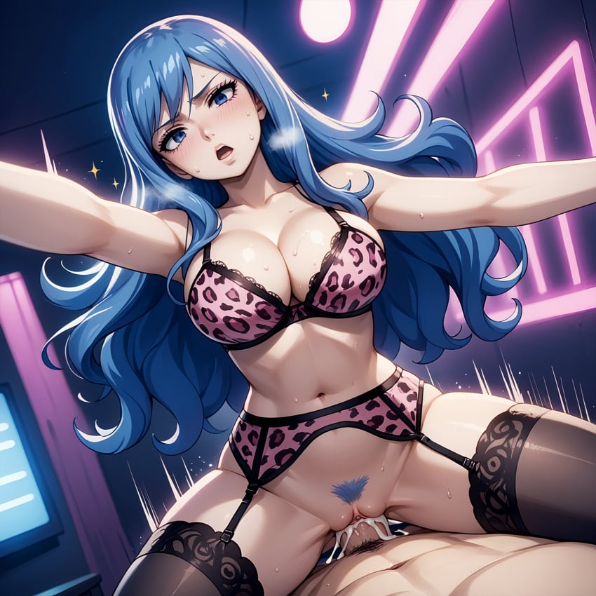 ai_generated blue_eyes blue_hair bra cowgirl_position creampie cum_in_pussy dutch_angle fairy_tail garter_belt garter_straps juvia_lockser large_breasts leopard_print neon neon_lights orgasm payop pony_diffusion_xl pov pubic_hair spread_legs stockings vaginal_sex