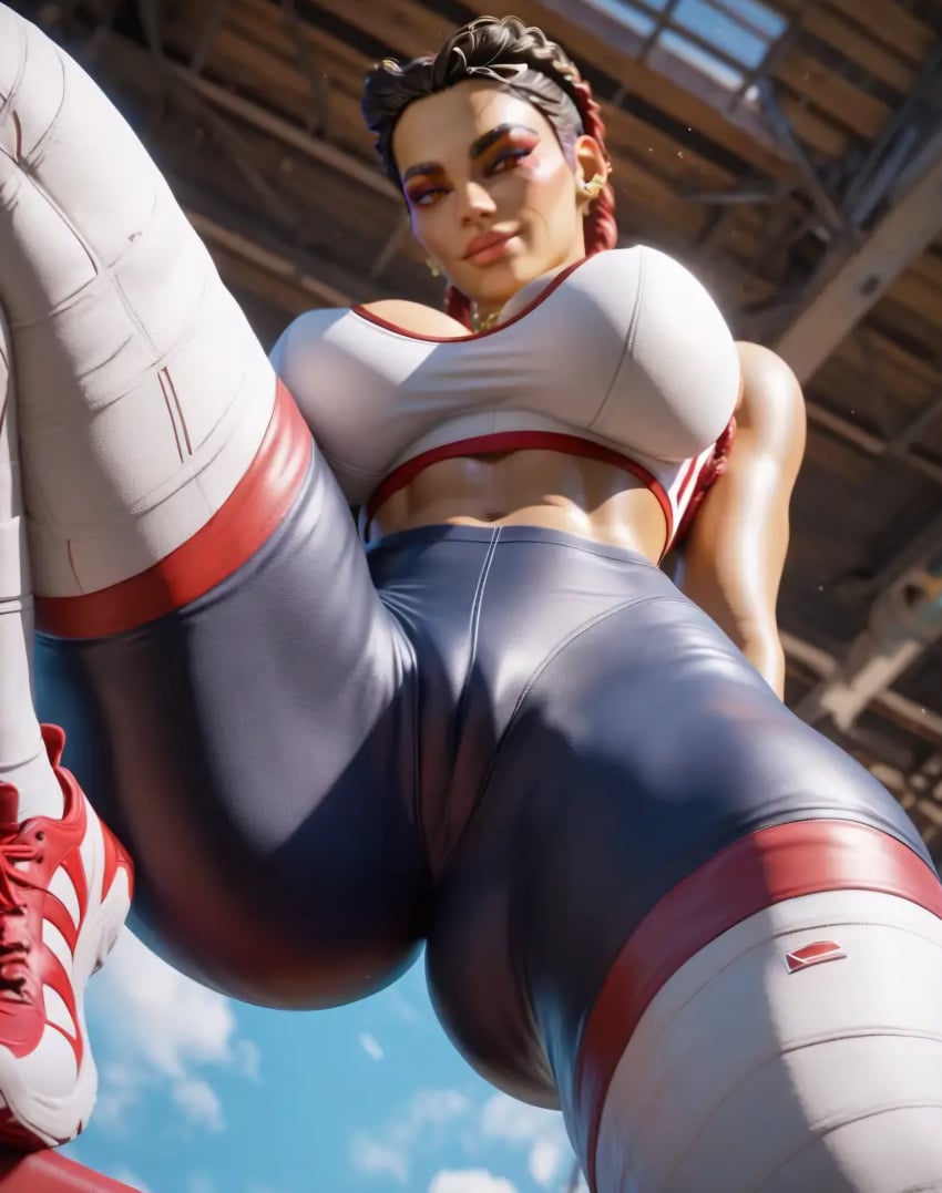 3d ai_generated apex_legends cameltoe from_below huge_breasts leggings legs_apart loba_(apex_legends) looking_at_viewer smile