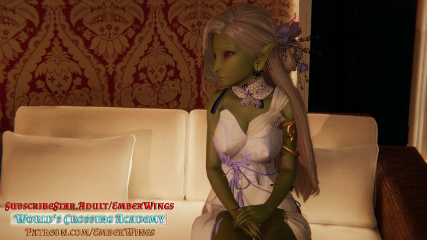 ai_shoujo bangle dress elegant female female_only goblin goblin_female green_skin hair_ornament long_hair magenta_eyes pink_eyes pointy_ears promotional_art team_emberwings tilai_(wca) wca white_hair worlds_crossing_academy