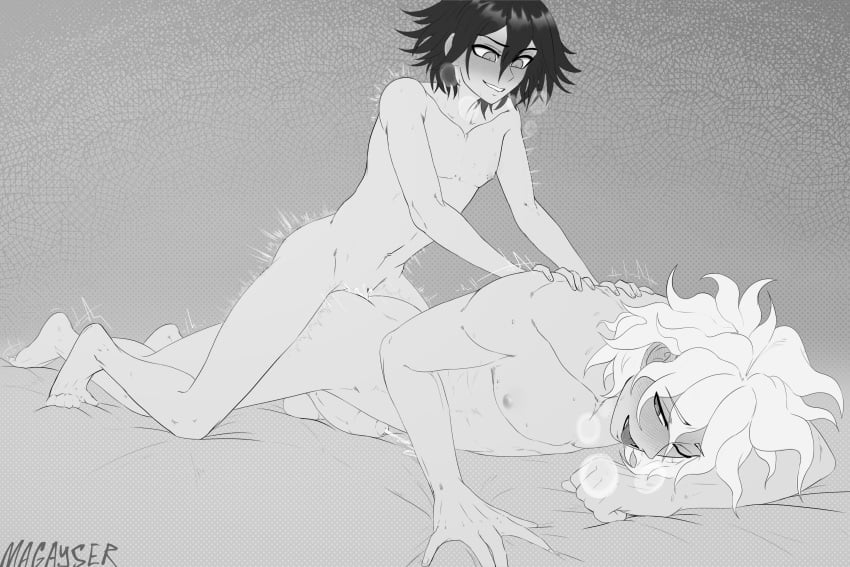 2boys :d absurdres anal artist_name barefoot bed_sheet blush collarbone danganronpa danganronpa_(series) danganronpa_2:_goodbye_despair danganronpa_v3:_killing_harmony grin hair_between_eyes highres komaeda_nagito magayser male_focus messy_hair multiple_boys nagito_komaeda navel one_eye_closed ouma_kokichi prone_bone sex smile teeth tongue tongue_out